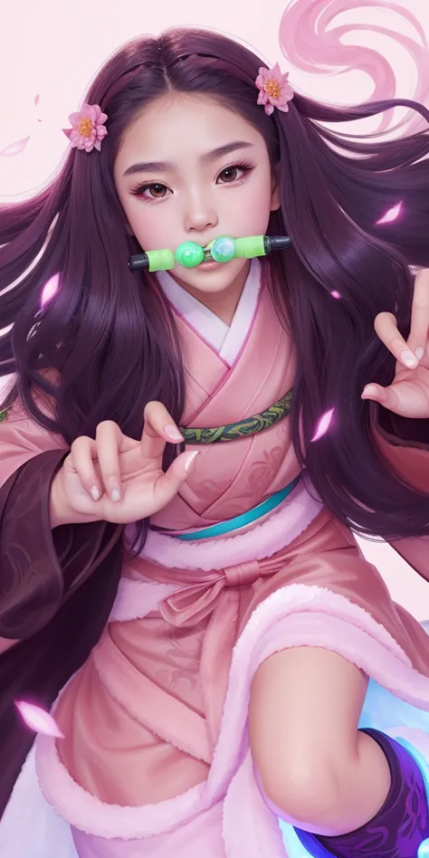 a gorgeous 12 year-old girl wearing a pink kimono with brown robe, green tube in mouth, demon slayer, extremely detailed, 8k hig...