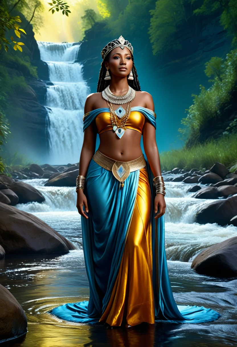 Midjourney,realism,cinematic quality,cartoon style,Midjourney style, 
proud dignified Nubian queen  standing near a fast flowing river, clad in queenly flowing fabric, forest, rapids, water, reflections, tasteful, proud, full body, jewelry, vivid colors, hauntingly beautiful, hyperrealistic, ultra resolution, 