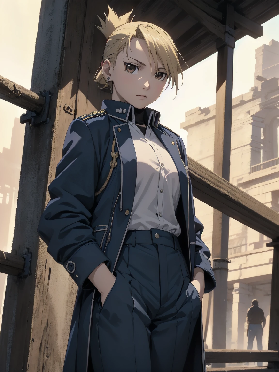 masterpiece, highest quality, High resolution, One girl, Hamriz, Folded ponytail, Brown eyes, Medium chest, uniform, Blue jacket, Blue pants, Are standing, Cowboy Shot, Outdoor, View your viewers,masterpiece, Detailed Shadows, Detailed light, Very detailed