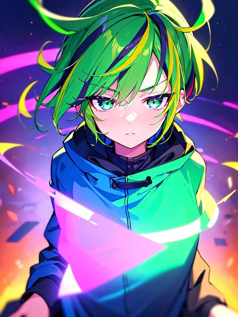 [(CITYPOP BACKGROUND:1.5),::5], ((((masterpiece)))), high quality, ultra very high resolution, full color, (((solo))), ((little boy)), Purple hair, ((Green streaked hair)), (Green eyes), anime, ((upper body)), neon light, black parka, 