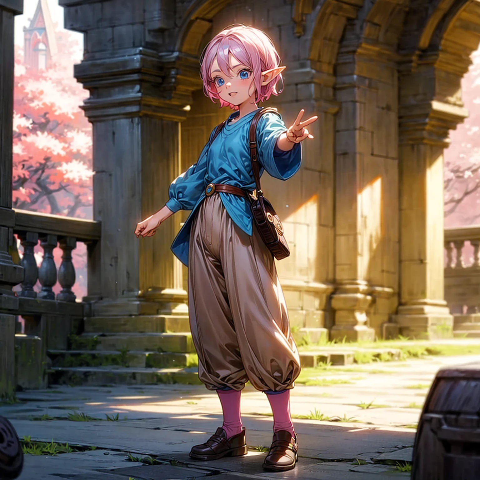 Solo character, full body version, kid girl, (elf), blue eyes, pink color hair, short hair, blue shirt clothing, brown pants, shoes, outdoor, village, medieval, standing gesture, detailed background, detailed clothing, detailed hair, (one piece style art, Doraemon style art), happy 