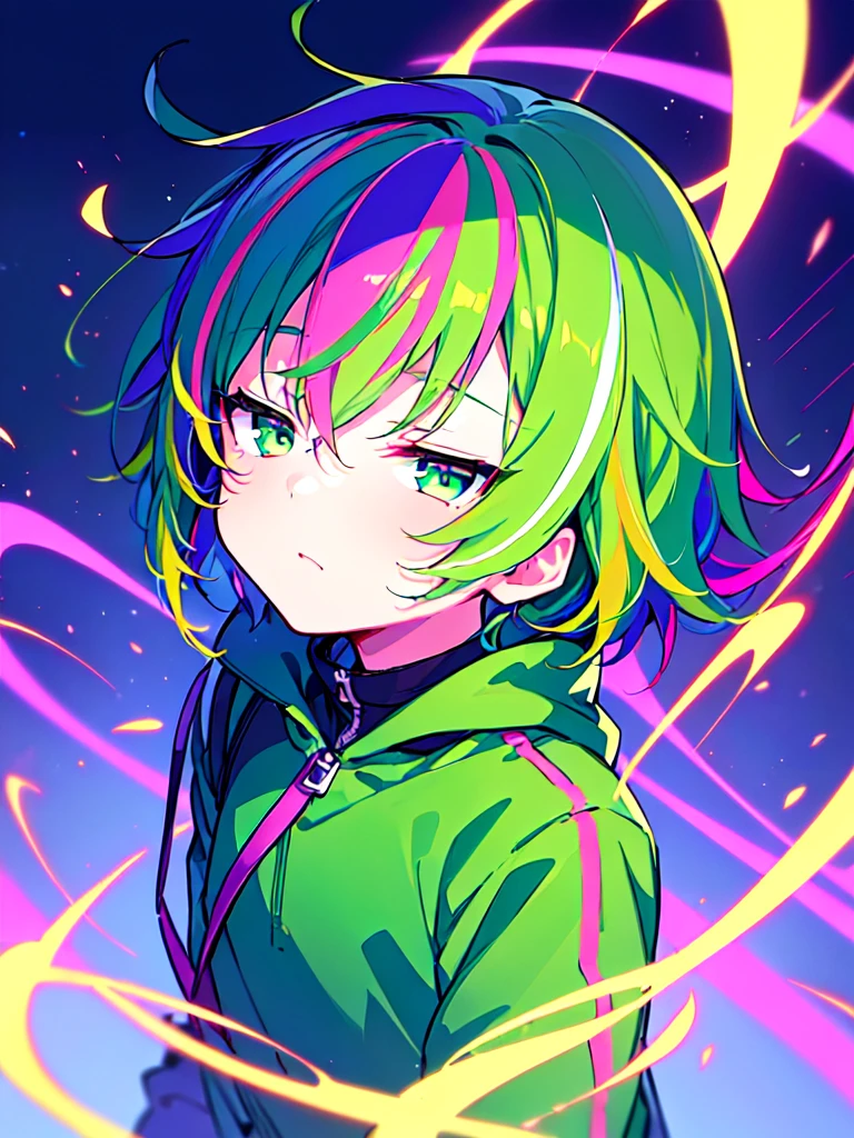 [(CITYPOP BACKGROUND:1.5),::5], ((((masterpiece)))), high quality, ultra very high resolution, full color, (((solo))), ((little boy)), Purple hair, ((Green streaked hair)), (Green eyes), anime, ((upper body)), neon light, black parka, 