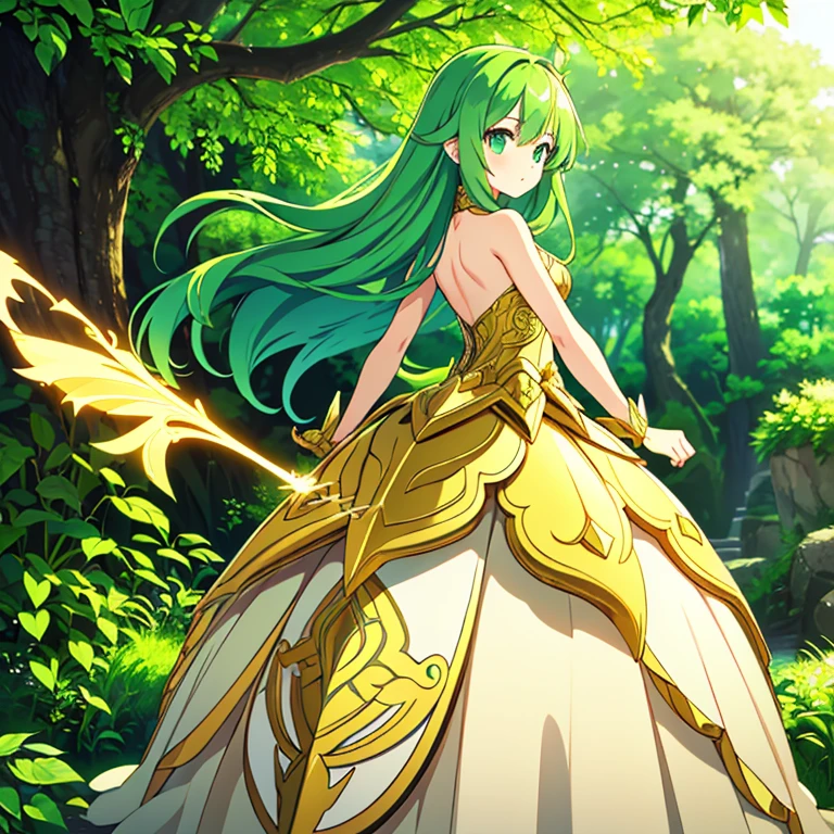 Full body, beautiful eyes , 1 girl  , full body , cute girl , anime style , cute eyes  , (standing up) , (Selene has long, flowing green hair that cascades down her back, symbolizing her connection to the lush and vibrant aspects of nature. Her piercing green eyes are sharp and focused, always on the lookout for any challenge that comes her way. She wears a suit of golden armor that is both elegant and functional, offering her protection in battle while also showcasing her noble stature. The armor is adorned with intricate leaf and vine patterns, symbolizing her role as a guardian of nature.) , ballgown , puffy ballgown  , (Sleeveless gown) , (strapless gown) ,