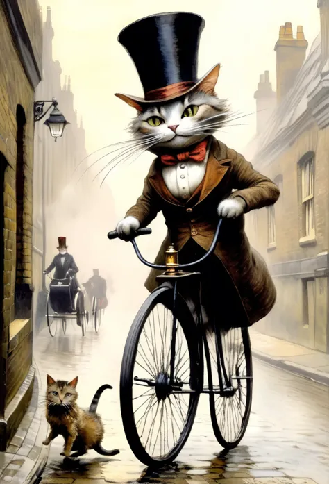 in the early morning fog、riding a penny-farthing bike along the cobbled streets of london、victorian british cats, wearing a top ...