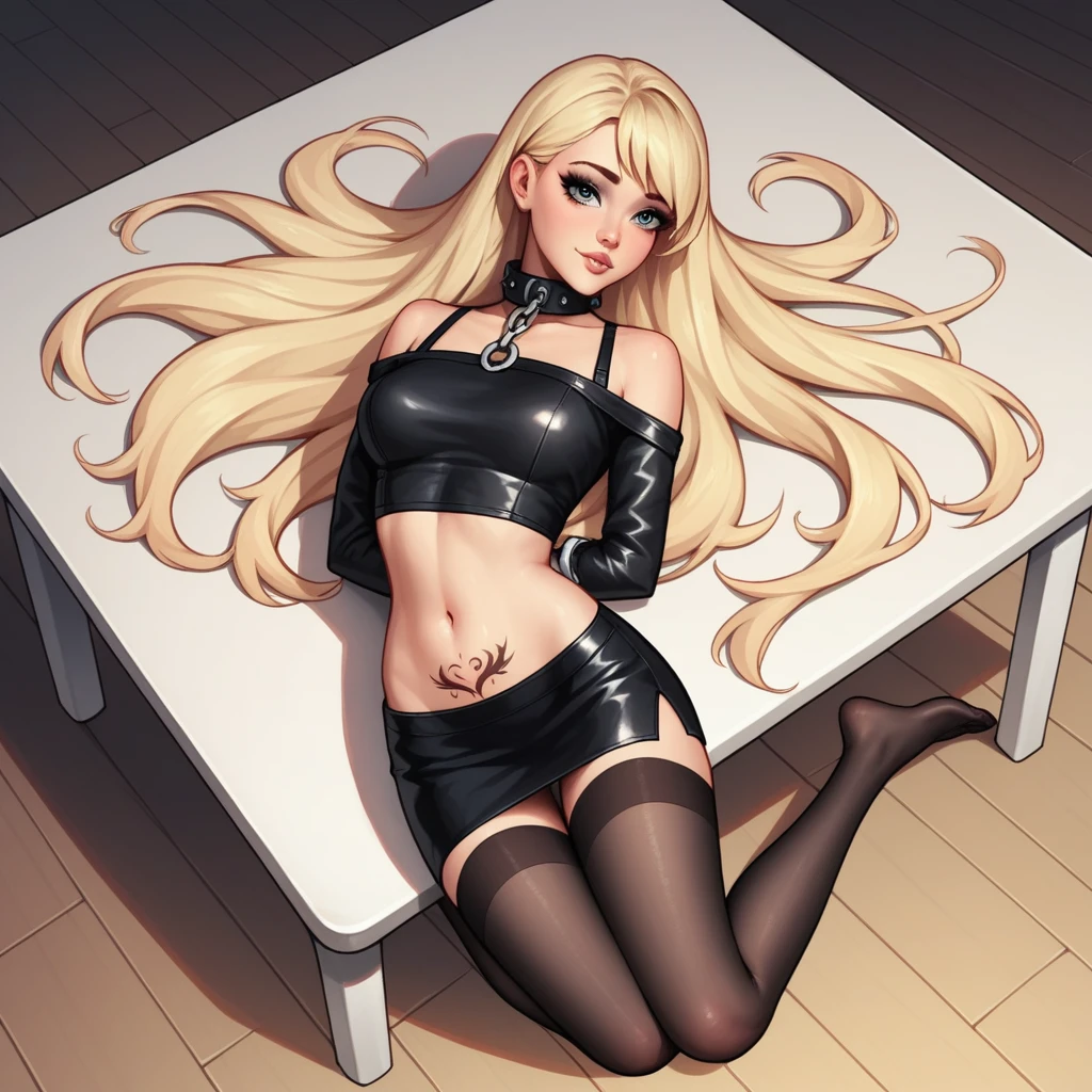 black pencil skirt, black long sleeve top, only the navel,Put your hands behind your back,restraints, blonde hair, Very long hair, straight hair, Cute, slender body, thin legs, Black thigh high stockings, Nylon stockings, hands in black leather handcuffs, hands, connected in a chain, amrs togather, masochistic, whole body, on the knees, leather handcuffs, calf tattoo, large collar around the neck, 18 years, long eyelashes, mascara, cute face, bent over, top down bottom up, arms behind back, kneeling, submissive look, lying on table, on stomach