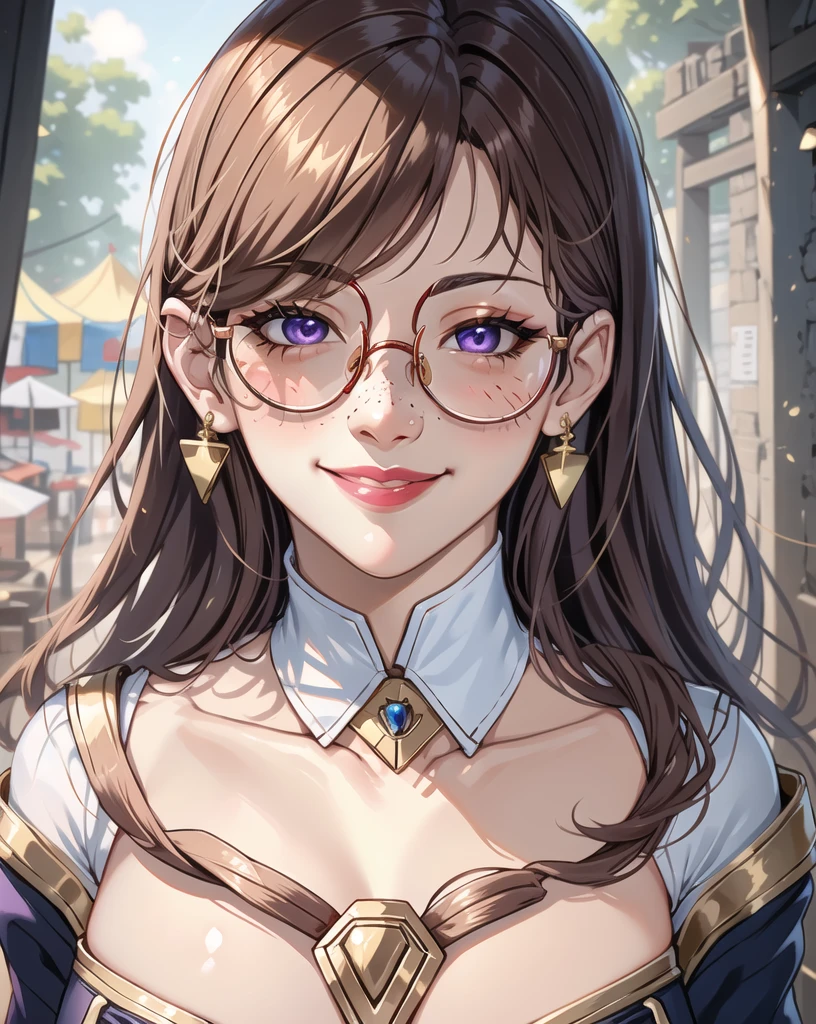 1 girl, japanese, 4k, realistic, shiny skin, robotic joints, long whavy brown hair with bangs, purple eyes, purple eyeliners, shining red lips, freckles, very large breasts, golden necklase, golden earings, big round glasses, unbottoned white school uniform, boob tent, smile, closed mouth, blushing, bright colors, blurry background, close up, face focus.