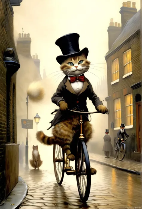 in the early morning fog、riding a penny-farthing bike along the cobbled streets of london、victorian british cats, wearing a top ...