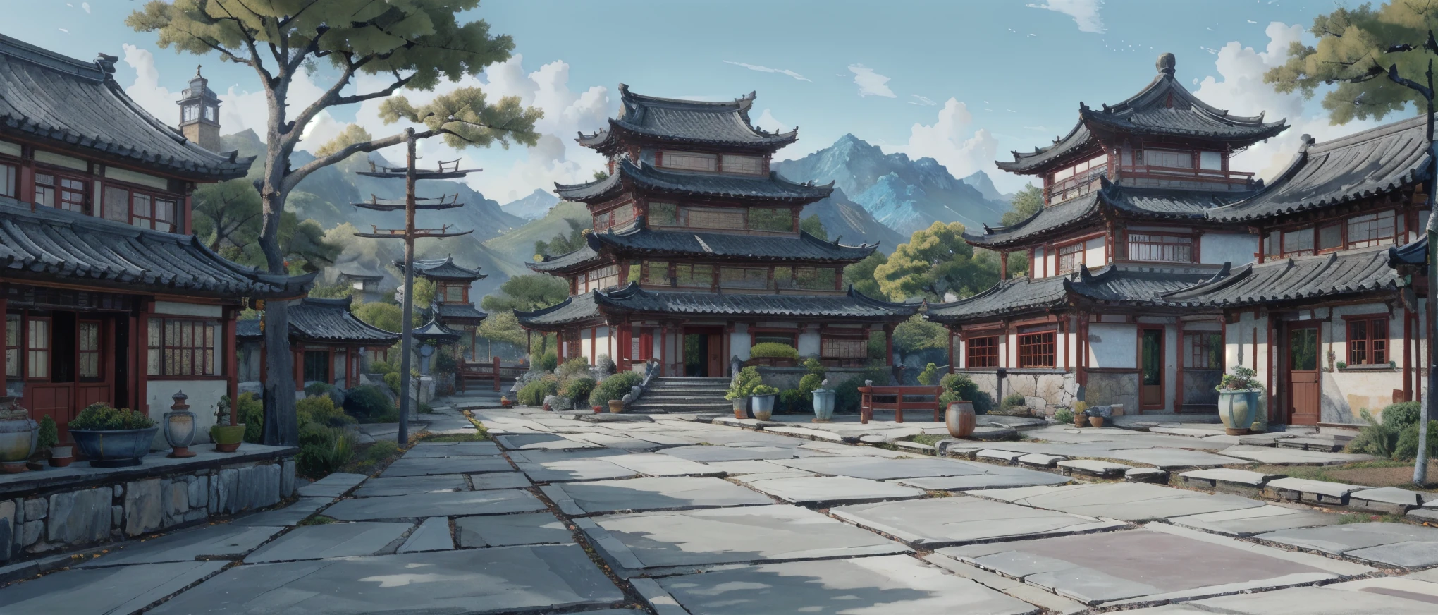 中国Ink画,  masterpiece , best quality, Ink画，Ink，（Xianxia scene，Fantasy fairyland scene，Pavilions，architecture具有东南亚特色，cloud雾缭绕：1.5），outdoor，Sky，daytime，cloud，Tree，Blue sky，nobody，window，plant，architecture，landscape，lantern，stairs，Potted plants，architecture，东亚architecture，landscape