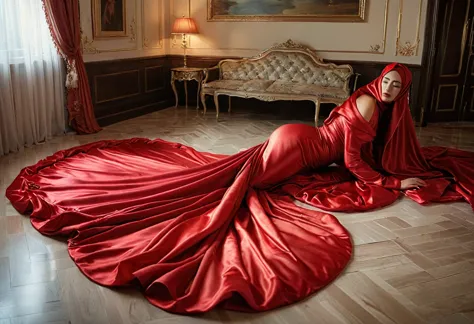 a woman shrouded in a 10-meter-long, plush red satin cloth, tightly bound and grandly draping along the form of her body, flowin...