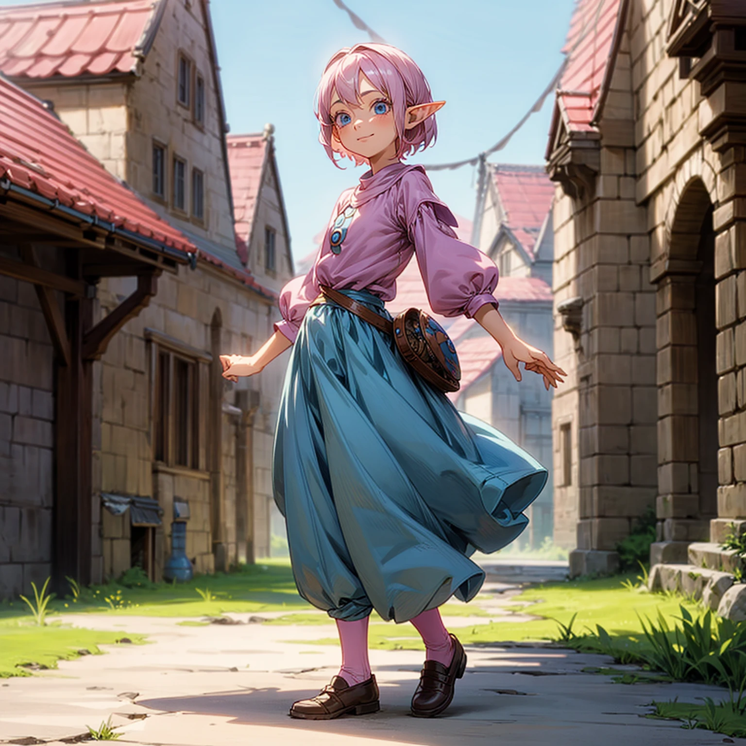 Solo character, full body version, kid girl, (elf), blue eyes, pink color hair, short hair, blue shirt clothing, brown pants, shoes, outdoor, village, medieval, standing gesture, detailed background, detailed clothing, detailed hair, (one piece style art, Doraemon style art), happy 