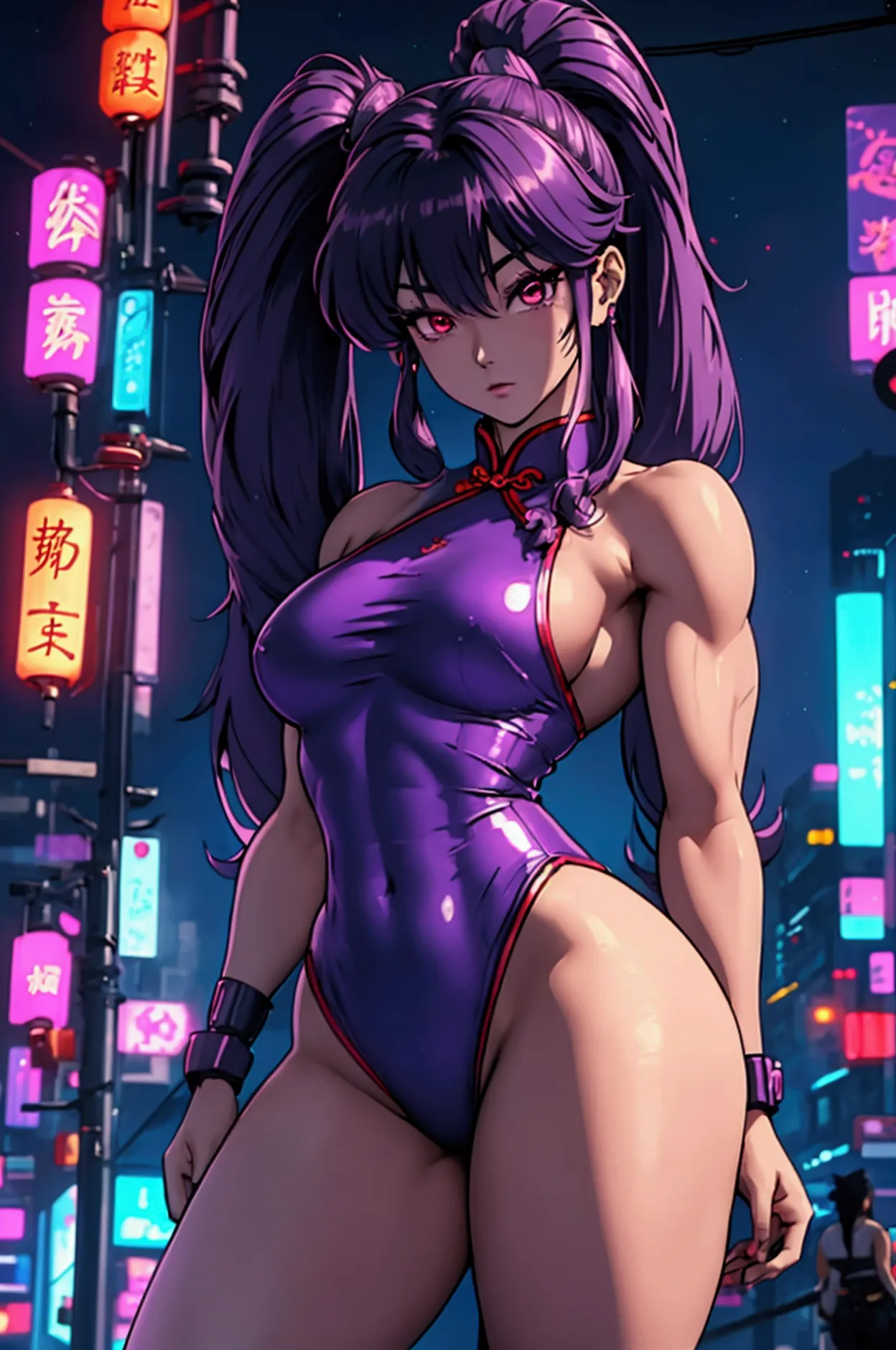 xampu, ranma 1/2, , coke head、long purple fur, twin-tail、traditional chinese dress. blank background. fitness, muscular, shredde...