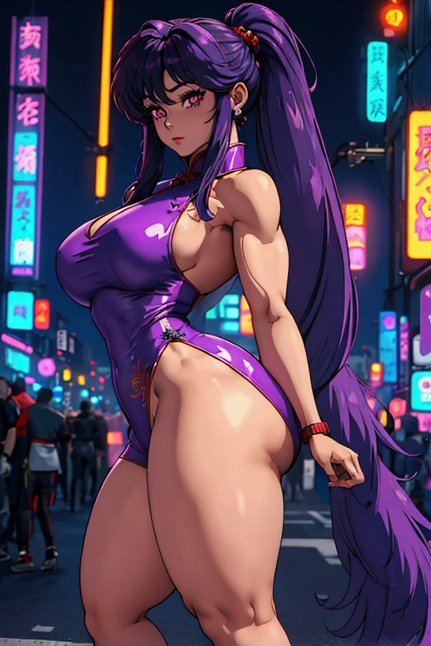 Xampu, ranma 1/2, , coke head、Long purple fur, twin-tail、Traditional Chinese Dress. blank background. Fitness, muscular, shredded abdomen, thick-thighs, thick calves, sexy legs, thick-thighs, Broad Hips, Waist slender, breasts small, high-heels, whole body, legs thick, Legs long. cyberpunk-city view, clearly defined lines, Very sexy neon lights, 8k, 8k Very detailed), (Very delicate and beautiful), (work of art), (best qualityer: 1.0), (ultra-high resolution:1.0), ((tema de fundo synthwave))