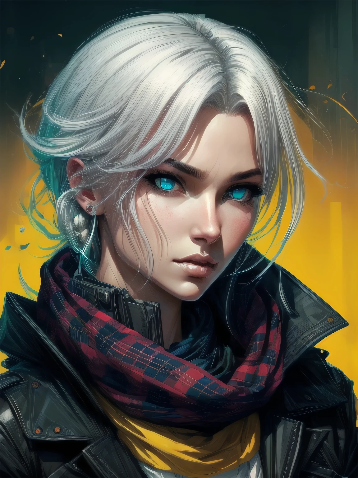 highly detailed portrait of halo, blue eyes, tartan scarf, white hair by atey ghailan, by greg rutkowski, by greg tocchini, by james gilleard, by joe fenton, by kaethe butcher, gradient yellow, black, brown and magenta color scheme, grunge aesthetic!!! graffiti tag wall background