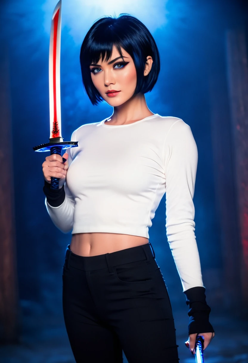 Midjourney,realism,cinematic quality,cartoon style,Midjourney style, 
A woman in black pants and a white top wields a glowing blue katana. Her short black hair partially obscures her intense, red-eyed gaze. Sparks and embers fly around her in the dimly lit, blurred background. Anime style, high contrast, and saturated colors.