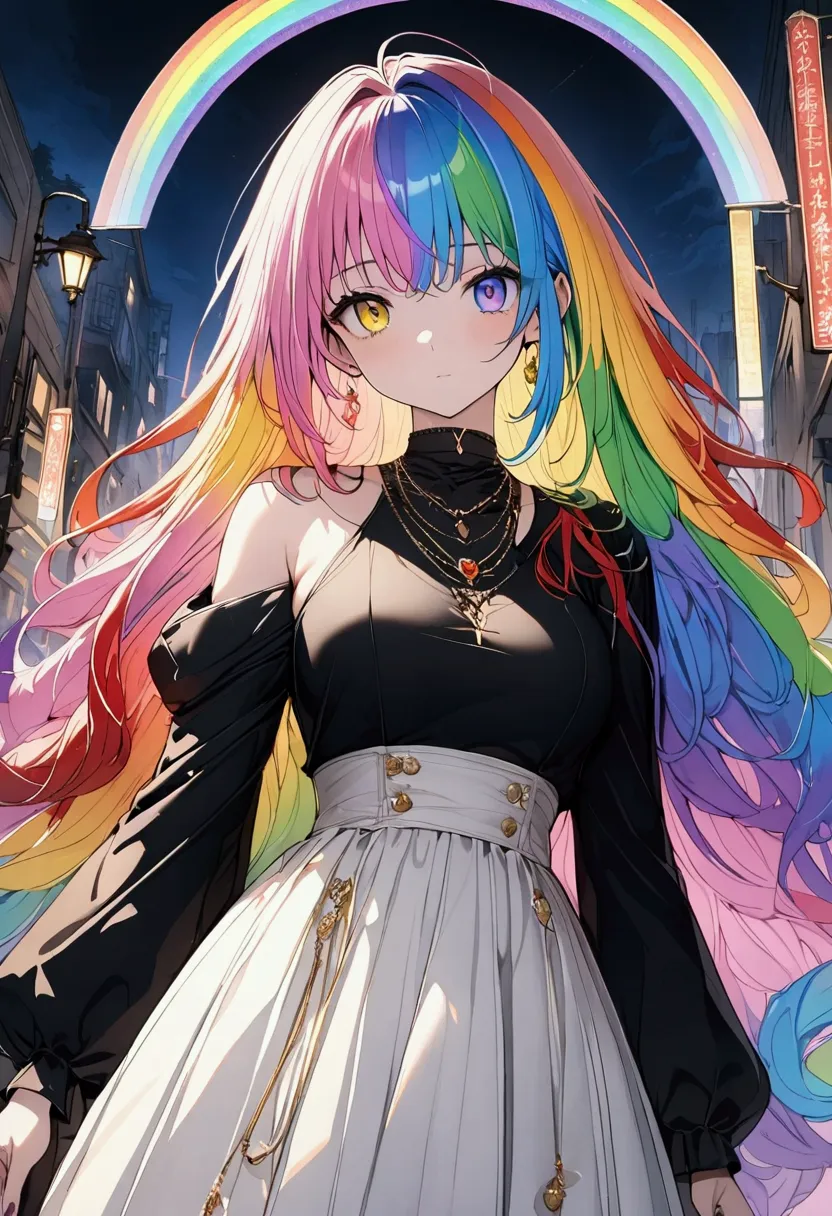 (((anime))) one woman,gal,long hair,(rainbow hair),bangs parted in the center,blackのヘッドフォン,necklace,look here,heterochromia irid...