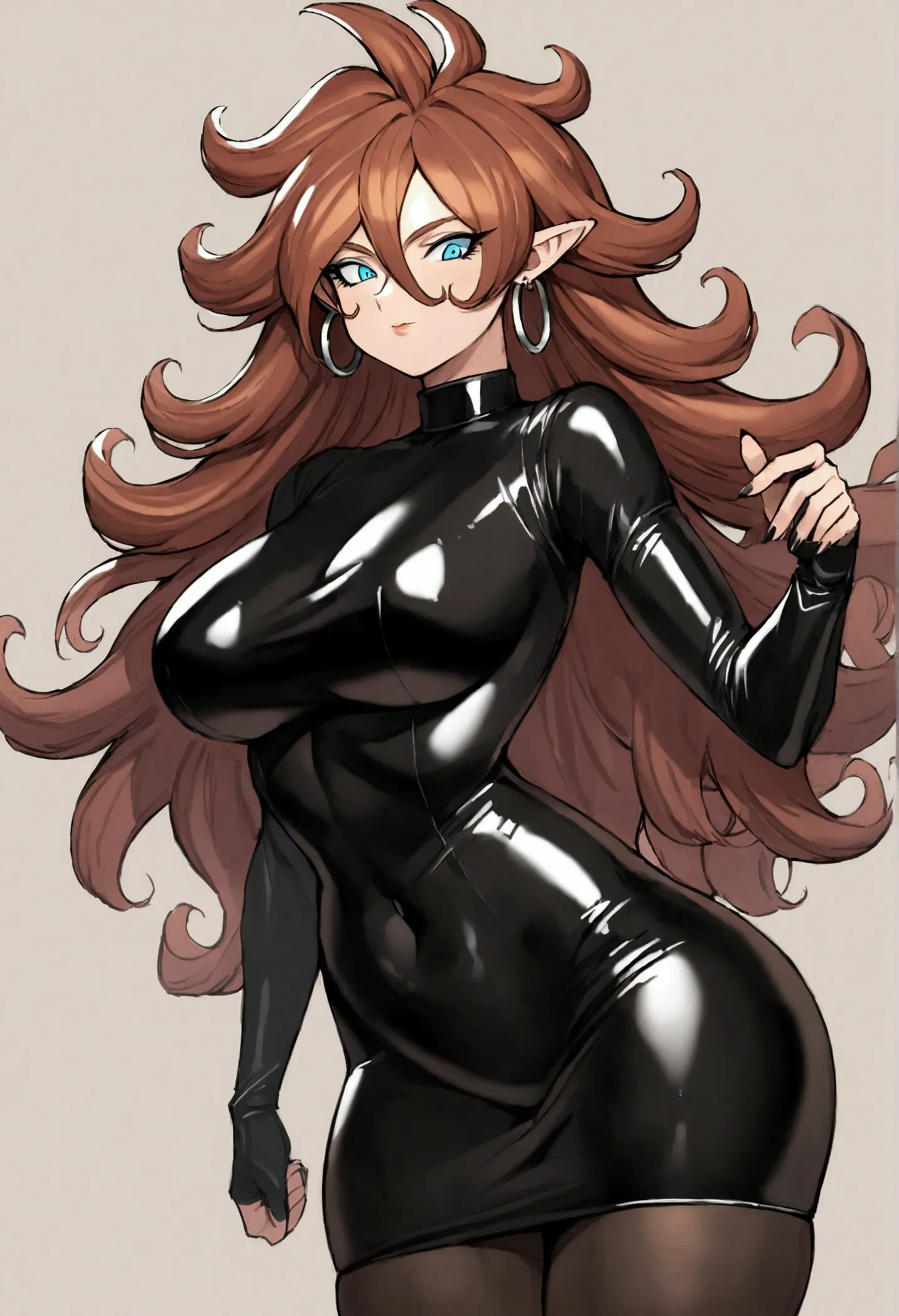 android 21 from dragonball brown hair, long hair, curly hair, blue eyes, hoop earrings, black pantyhose, black bodycon dress, tu...