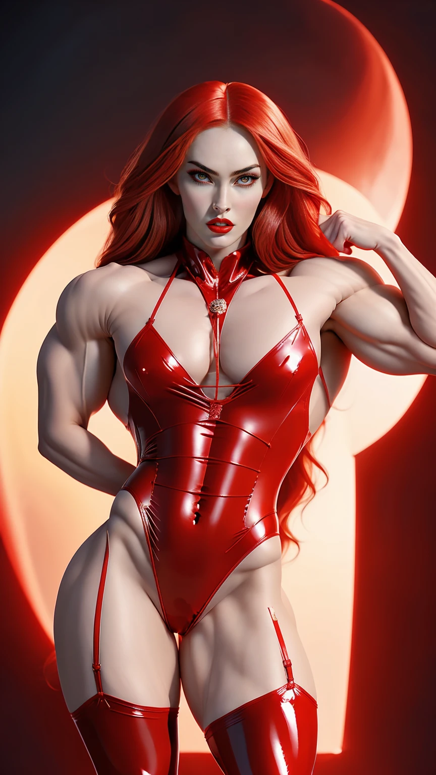 (megan fox), (1 girl), young girl, bodybuilder physique, seductive face, seductive look, long red hair, perfect muscular body, long thin legs, (latex lingerie leotard & thigh highs), small breasts, (huge muscular shoulders:1.45), (full body shot), (blank background:1.25), MeganF_SoloTI_v1