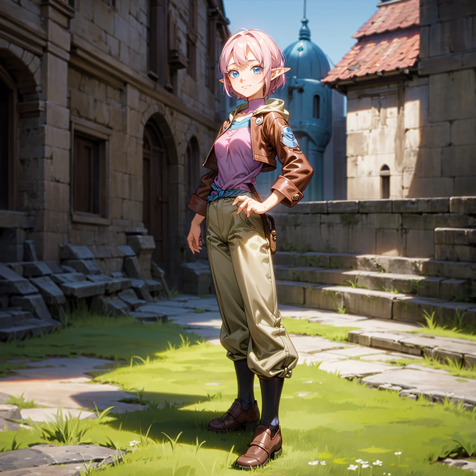 Solo character, full body version, young girl, medium breast, (elf), blue eyes, pink color hair, short hair, blue shirt clothing, brown leather jacket, brown pants, shoes, outdoor, town, medieval, standing gesture, detailed background, detailed clothing, detailed hair, (one piece style art, Doraemon style art), happy 