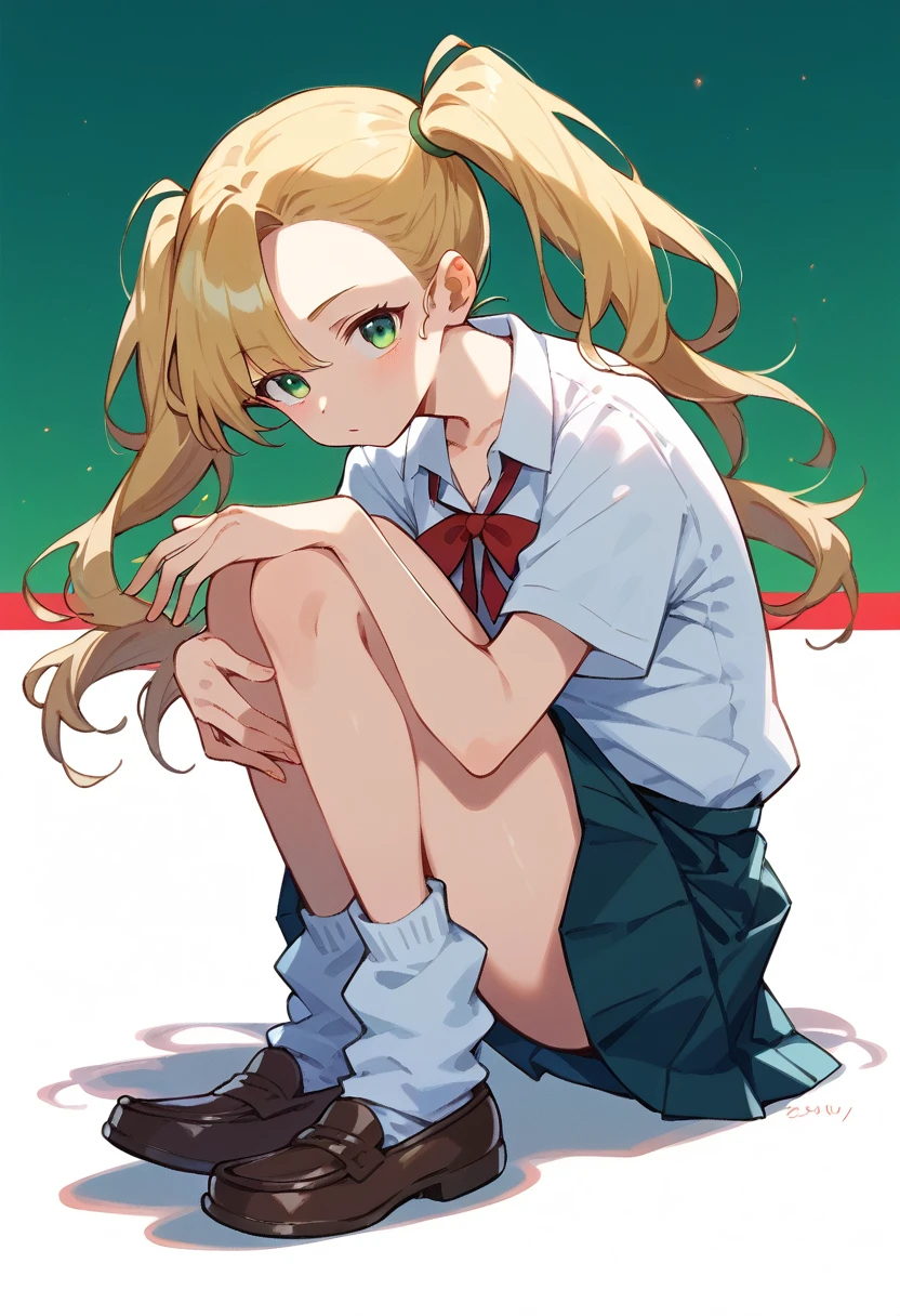 masterpiece, (score_9,score_8_up,score_7_up,score_6_up), 1 girl, green eyes, little sassy, bitch / cockslut / whore, skinny, tsurime, asymmetrical bangs, twintails, (blond hair:1.3), (school uniform), (white collared shirt, plain pattern shirt, short sleeves, shirt tucked in:1), (red plain pattern narrow neck ribbon:1.2), brown loafers, white loose socks ,