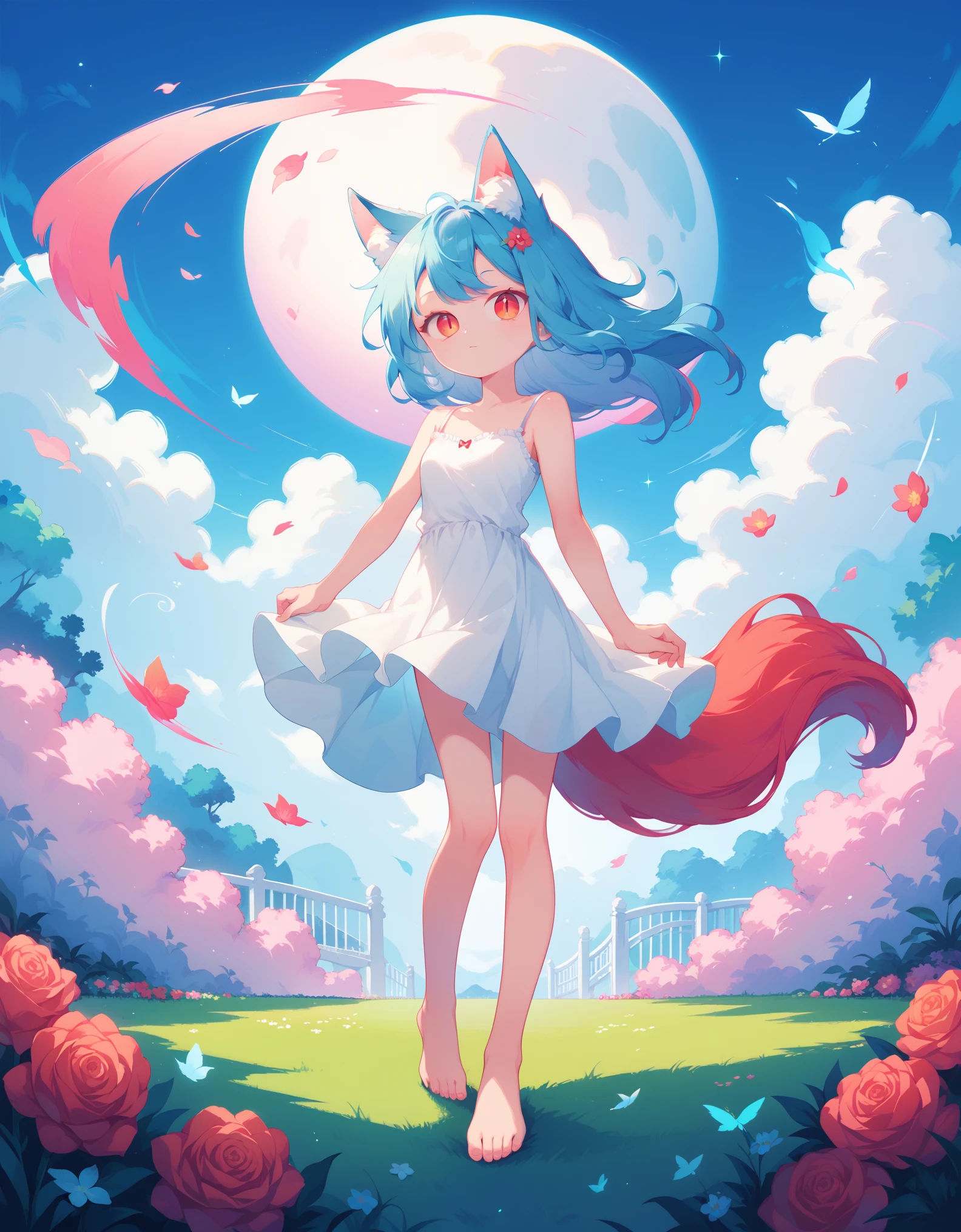 1girl, fox ears, blue hair, barefoot, white camisole, animal ear fluff, standing, full body, floating clothes, wind, garden, slit pupils, limited palette, vibrant, red outline, portrait, looking at viewer, 