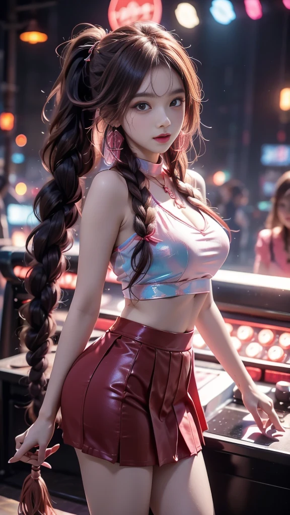 ulzzang-6500-v1.1, (RAW photo: 1.2), (Real photo), (Real photo: 1.4), 1 girl、Perfect anatomy、1、Looking at the camera、Medium length hair、side braid, red dance skirt, dancing in a lively disco, under colored lights, (( in the disco night: 1.1))、(Business service)、Asian eyes Ella,