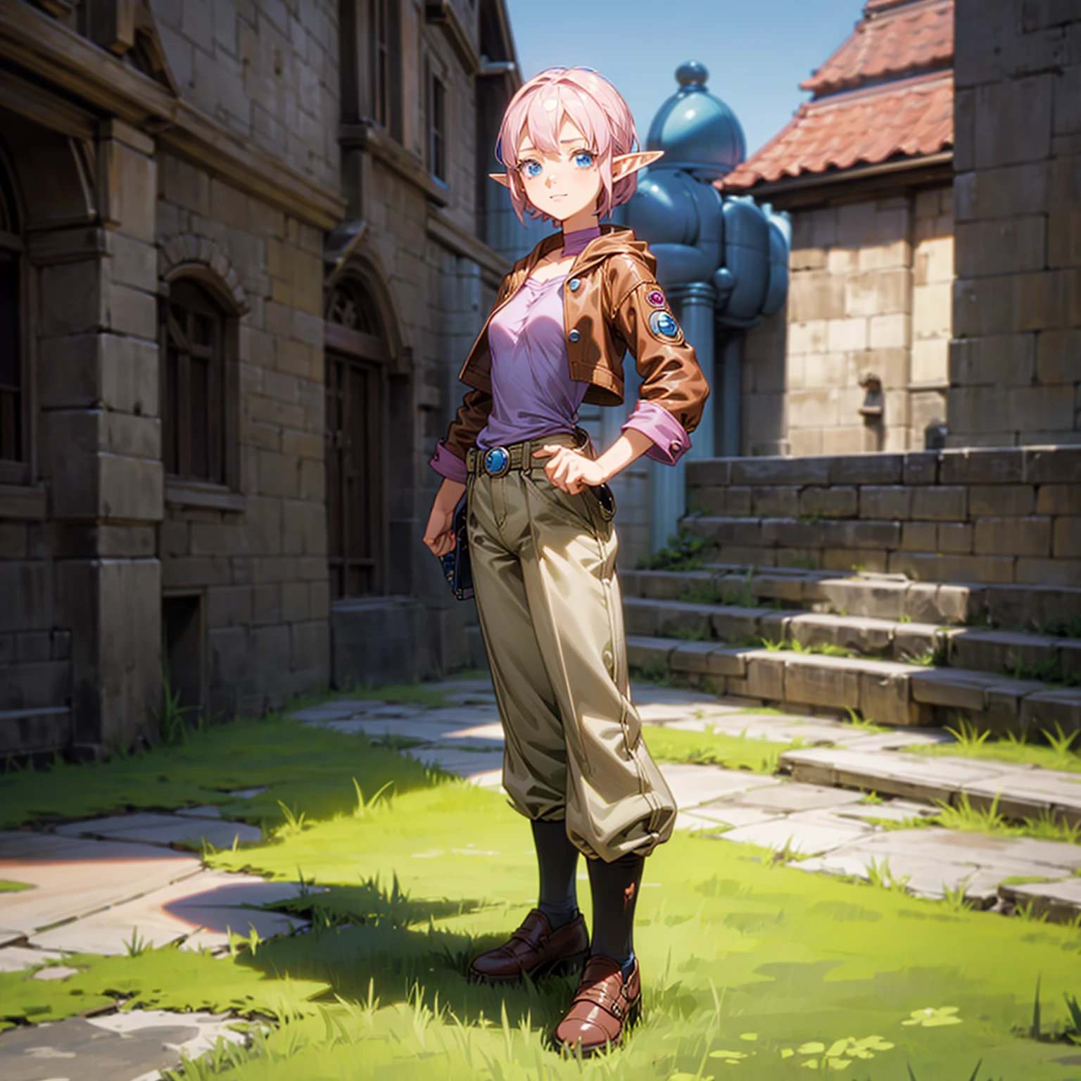 Solo character, full body version, young girl, medium breast, (elf), blue eyes, pink color hair, short hair, blue shirt clothing, brown leather jacket, brown pants, shoes, outdoor, town, medieval, standing gesture, detailed background, detailed clothing, detailed hair, (one piece style art, Doraemon style art), happy 