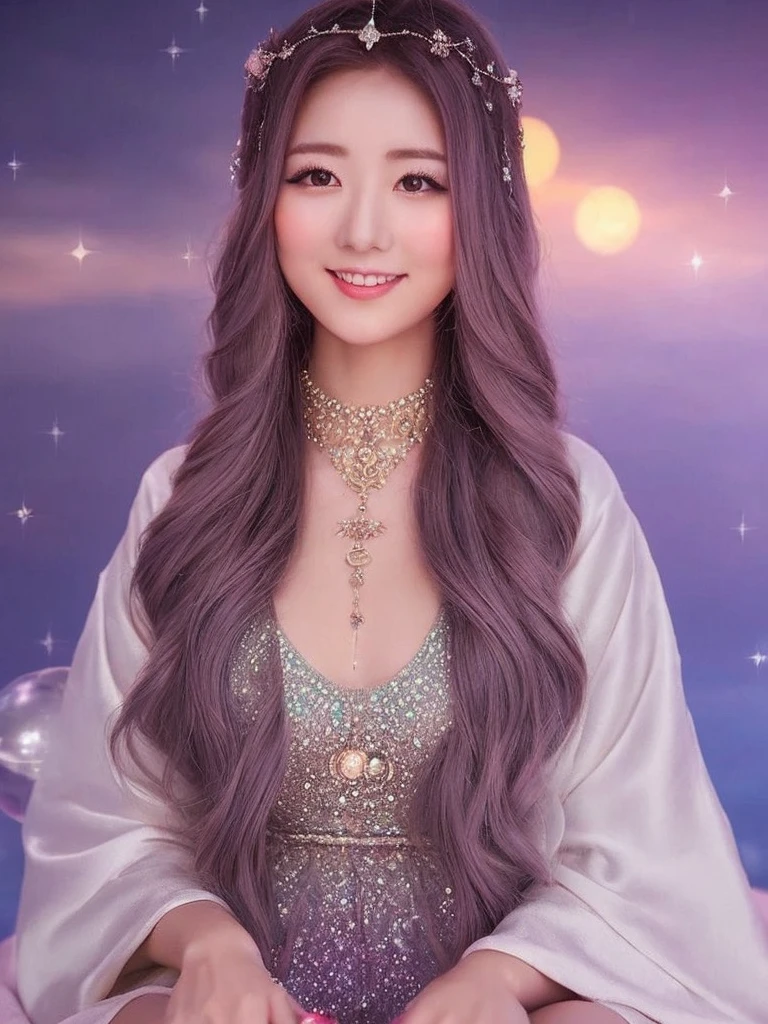 "Generate an image of a young and pretty female fortune teller. She is in her early twenties and has long, softly curled hair. Her outfit is a robe or dress in a soft, pastel color, giving her a mysterious air as a fortune teller. In front of her is a crystal ball and tarot cards, and her gentle smile gives off a relaxed vibe. In the background is a fantastic night sky with motifs of stars and the moon, and the overall image is in muted colors."