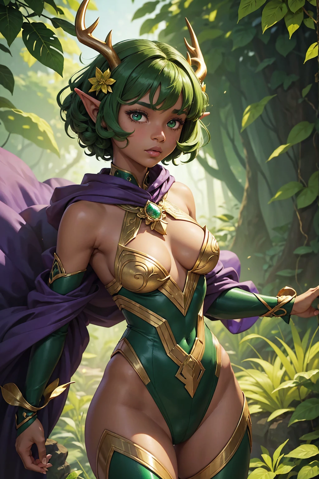 Jungle like environment. A young African-American Woman with a deep rich brown skin tone. She short has leaf green curly hair & is wearing a form-fitting bodysuit with a deep neckline, exposing much of her chest area & slightly revealing mythic flowing Black-Purple-Green cloak with Golden Floral designs. She has Serious yet gentle gaze in her heterochrome eyes, with One eye being a deep green and the other being a light gold. She has long crystal blue antlers radiating Floral energy & a set of quaint elven ears. She has a small cute nose She is seen in a battle stance radiating a floral energy