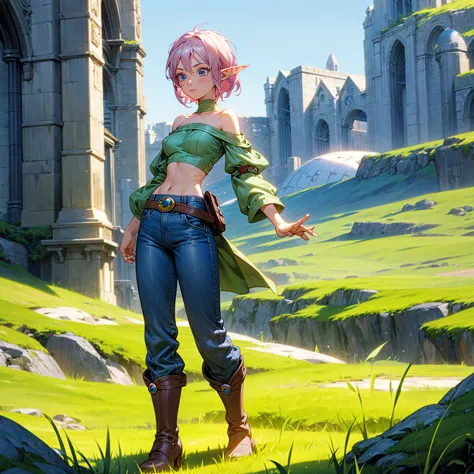 solo character, full body version, old girl, medium breast, (elf), blue eyes, pink color hair, short hair, black crop top, bare ...