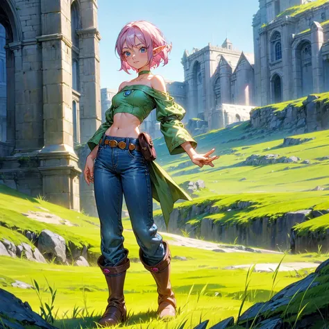 solo character, full body version, old girl, medium breast, (elf), blue eyes, pink color hair, short hair, black crop top, bare ...