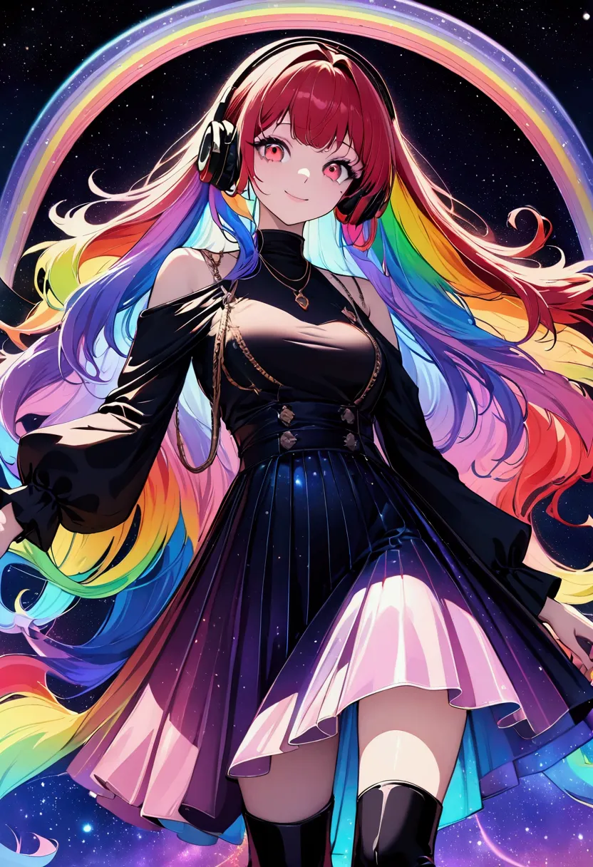 (((digital art style))) one woman,gal,long hair,(rainbow hair),bangs parted in the center,black headphones,necklace,look here,re...