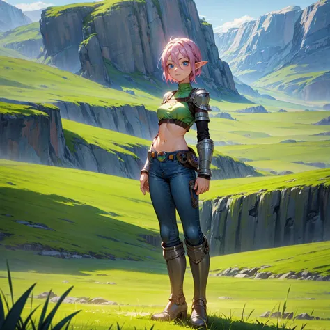 solo character, full body version, old girl, medium breast, (elf), blue eyes, pink color hair, short hair, black crop top, bare ...