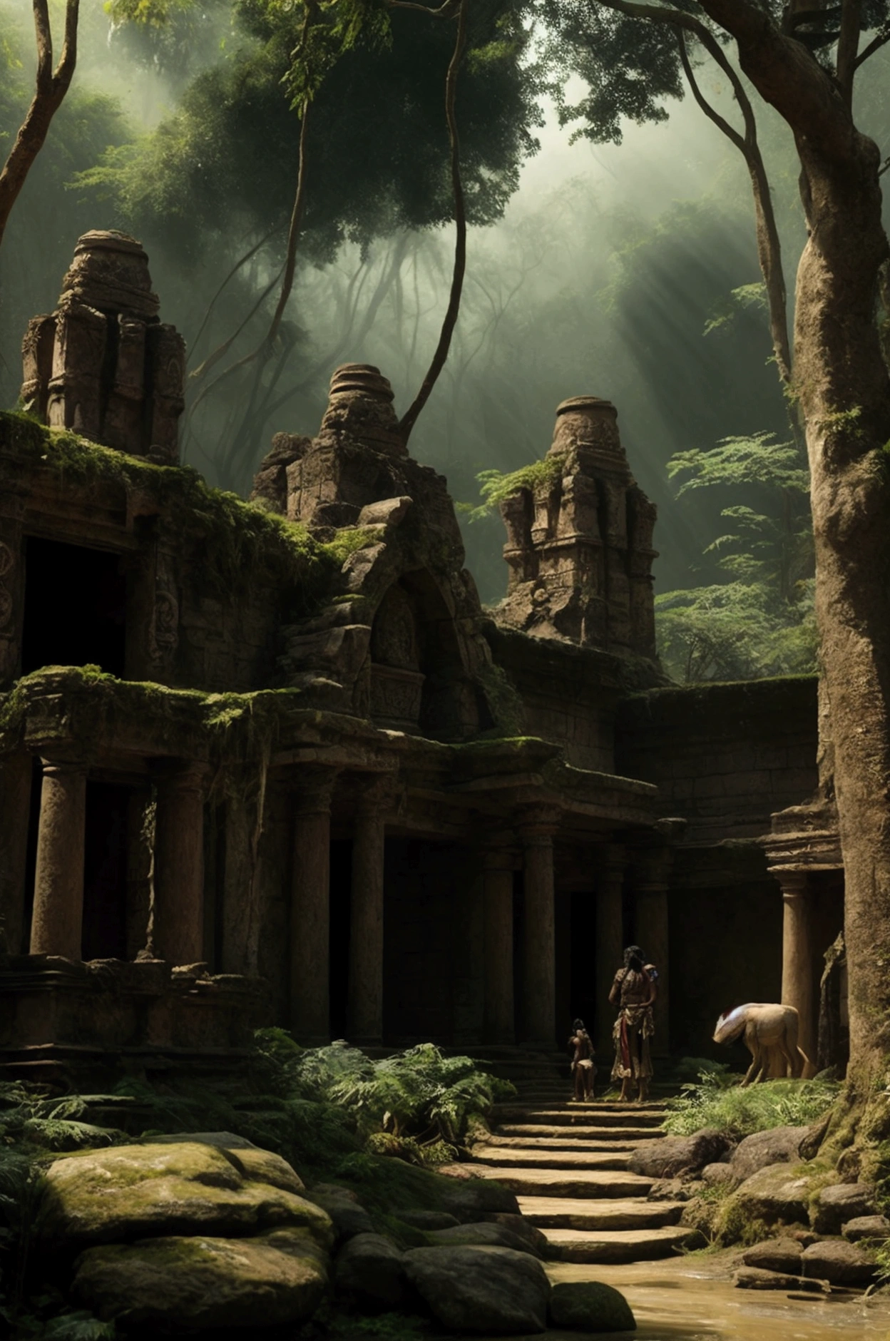 Create a rainforest with tribals wandering around an ancient ruins of a broken temple twilight in the atmosphere uv glowing cryptic tribal symbol in the forest shamans and tribals too standing along the tribe civilization blury cinematic lightings all in the forest floating photorealistic, natural lighting, ultra realistic photo, high quality, HDR, high resolution, smooth and delicate , noble and elegant, ultra-realistic photography vibe, shot with Canon camera, intricate details, award winning photography 32k --s 750 --v 6.1