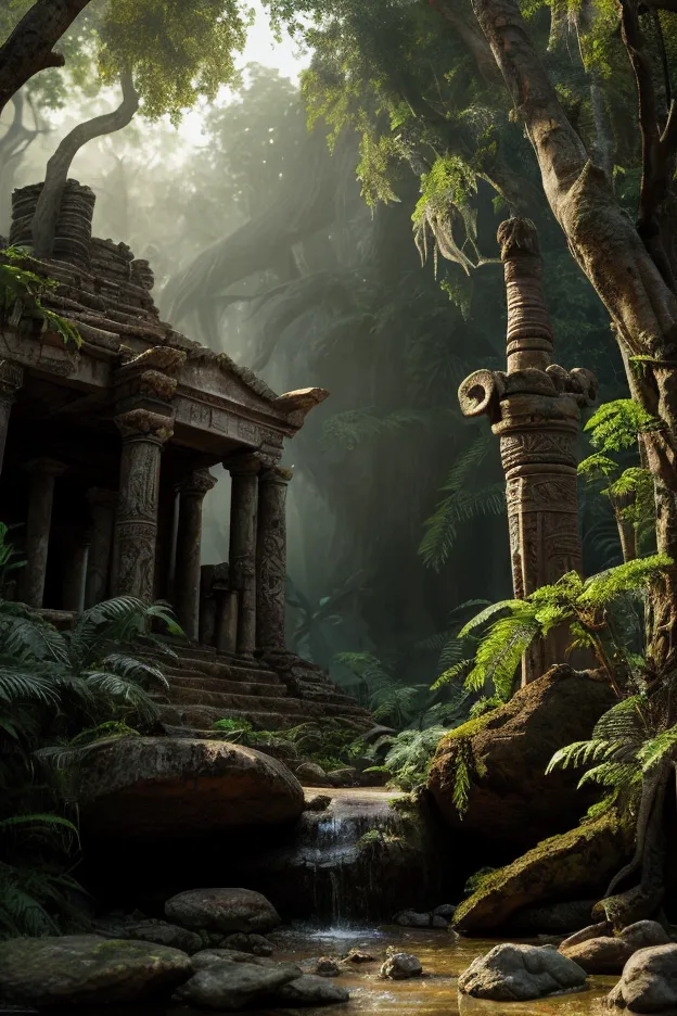 create a rainforest with tribals wandering around an ancient ruins of a broken temple twilight in the atmosphere uv glowing cryp...