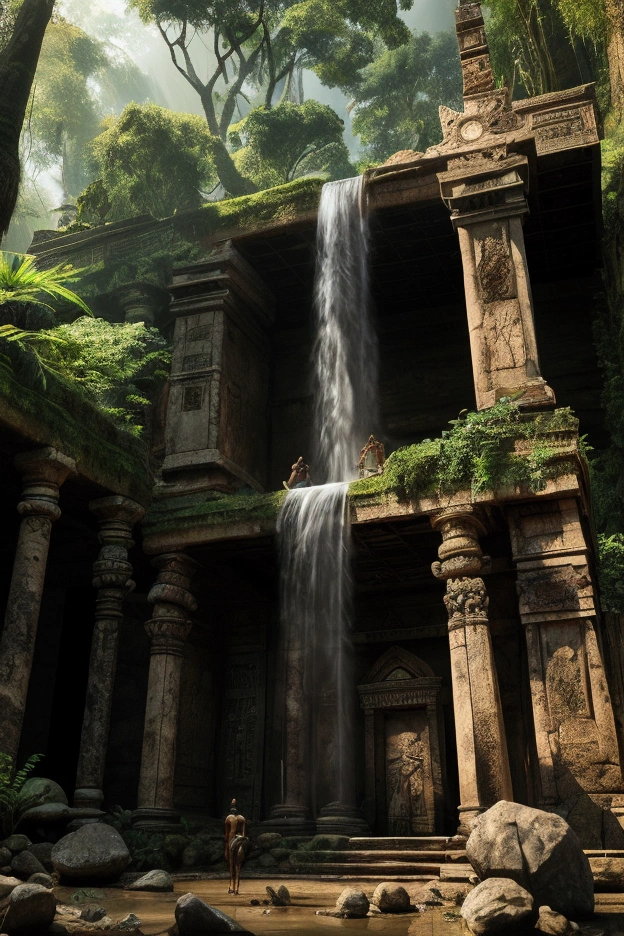 Create a rainforest with tribals wandering around an ancient ruins of a broken temple twilight in the atmosphere uv glowing cryptic tribal symbol in the forest shamans and tribals too standing along the tribe civilization blury cinematic lightings all in the forest floating photorealistic, natural lighting, ultra realistic photo, high quality, HDR, high resolution, smooth and delicate , noble and elegant, ultra-realistic photography vibe, shot with Canon camera, intricate details, award winning photography 32k --s 750 --v 6.1