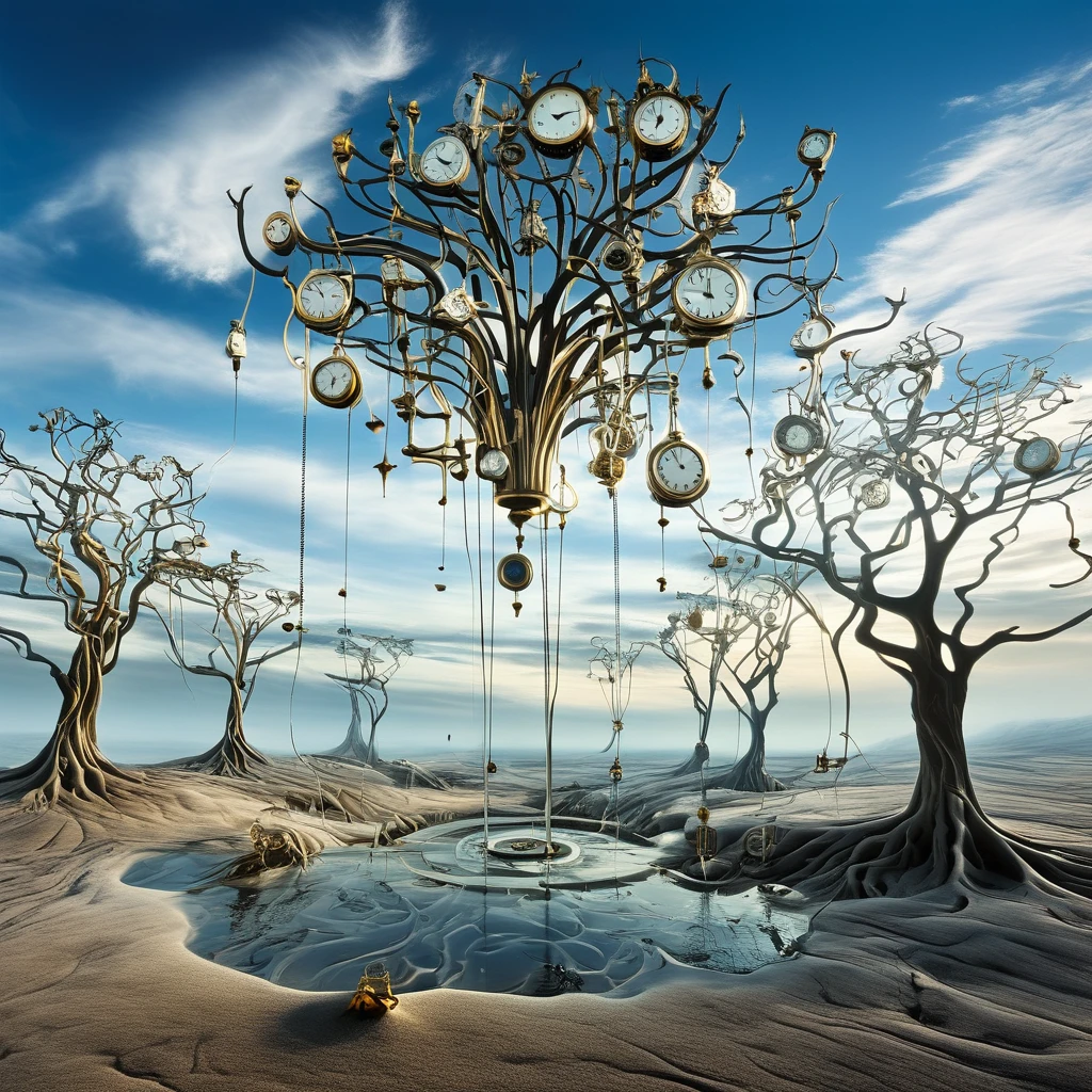 A surreal, Salvador Dali-inspired landscape with melting clocks draped over barren trees and floating in a vast, endless sky. The clocks represent the cyclical nature of time, with their distorted shapes symbolizing the fluidity of perception.