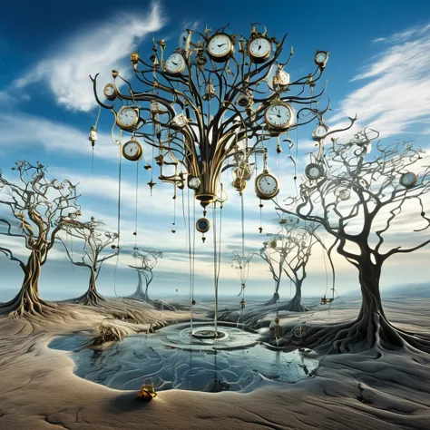 a surreal, salvador dali-inspired landscape with melting clocks draped over barren trees and floating in a vast, endless sky. th...