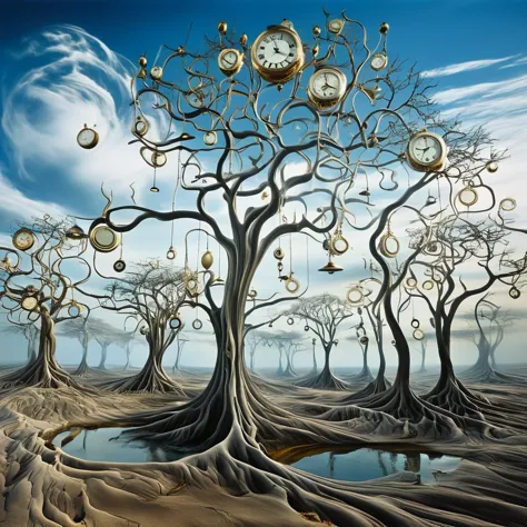 a surreal, salvador dali-inspired landscape with melting clocks draped over barren trees and floating in a vast, endless sky. th...