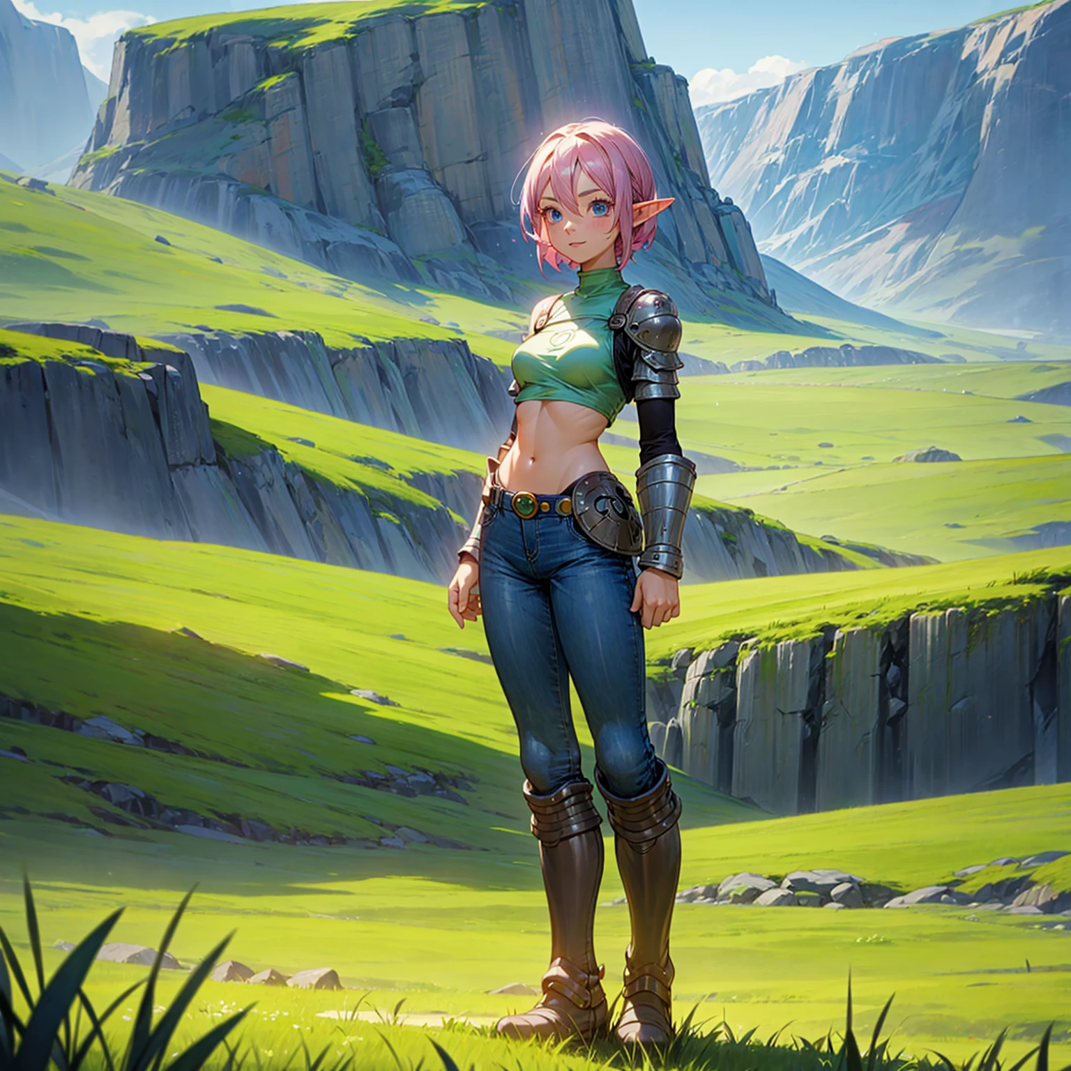 Solo character, full body version, old girl, medium breast, (elf), blue eyes, pink color hair, short hair, black crop top, bare shoulder, jeans pants, boots, outdoor, field, Greenland, standing gesture, detailed background, detailed clothing, detailed hair, (one piece style art, Doraemon style art), happy, armored 