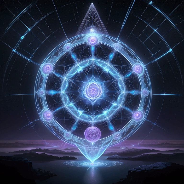 Create a digital landscape of an ethereal, futuristic world where Arcturian energy grids form a glowing, intricate web across the sky. The grid should be composed of interconnected sacred geometry patterns, such as tetrahedrons, dodecahedrons, and Flower of Life symbols. The color palette is dominated by deep purples, blues, and radiant whites, with an otherworldly, glowing effect.