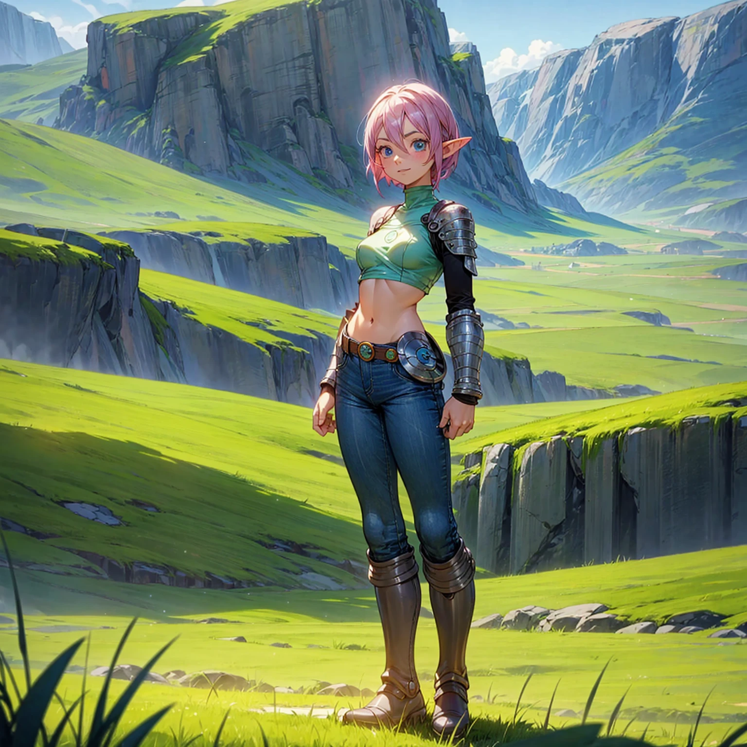 Solo character, full body version, old girl, medium breast, (elf), blue eyes, pink color hair, short hair, black crop top, bare shoulder, jeans pants, boots, outdoor, field, Greenland, standing gesture, detailed background, detailed clothing, detailed hair, (one piece style art, Doraemon style art), happy, armored 