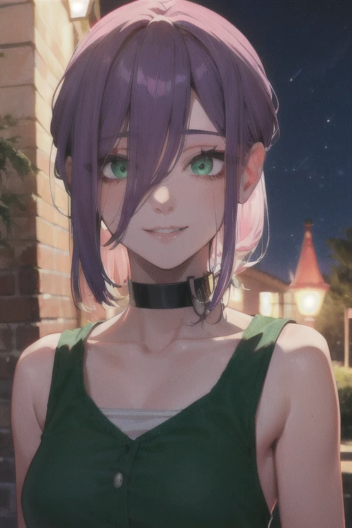 (Highest quality)、(Highest quality)、cut、Chainsaw Man、cute、(choker).eyes are emerald、Her hair is purple、Short Bob、Beautiful night park、whole body、detailed、強力なdetailed、cut、(A kind smile).