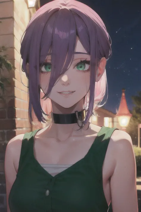 (highest quality)、(highest quality)、cut、chainsaw man、cute、(choker).eyes are emerald、her hair is purple、short bob、beautiful night...