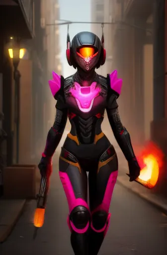 female, pink exoskeleton, imposing female humanoid who has android parts + human face + female features + middle east features +...