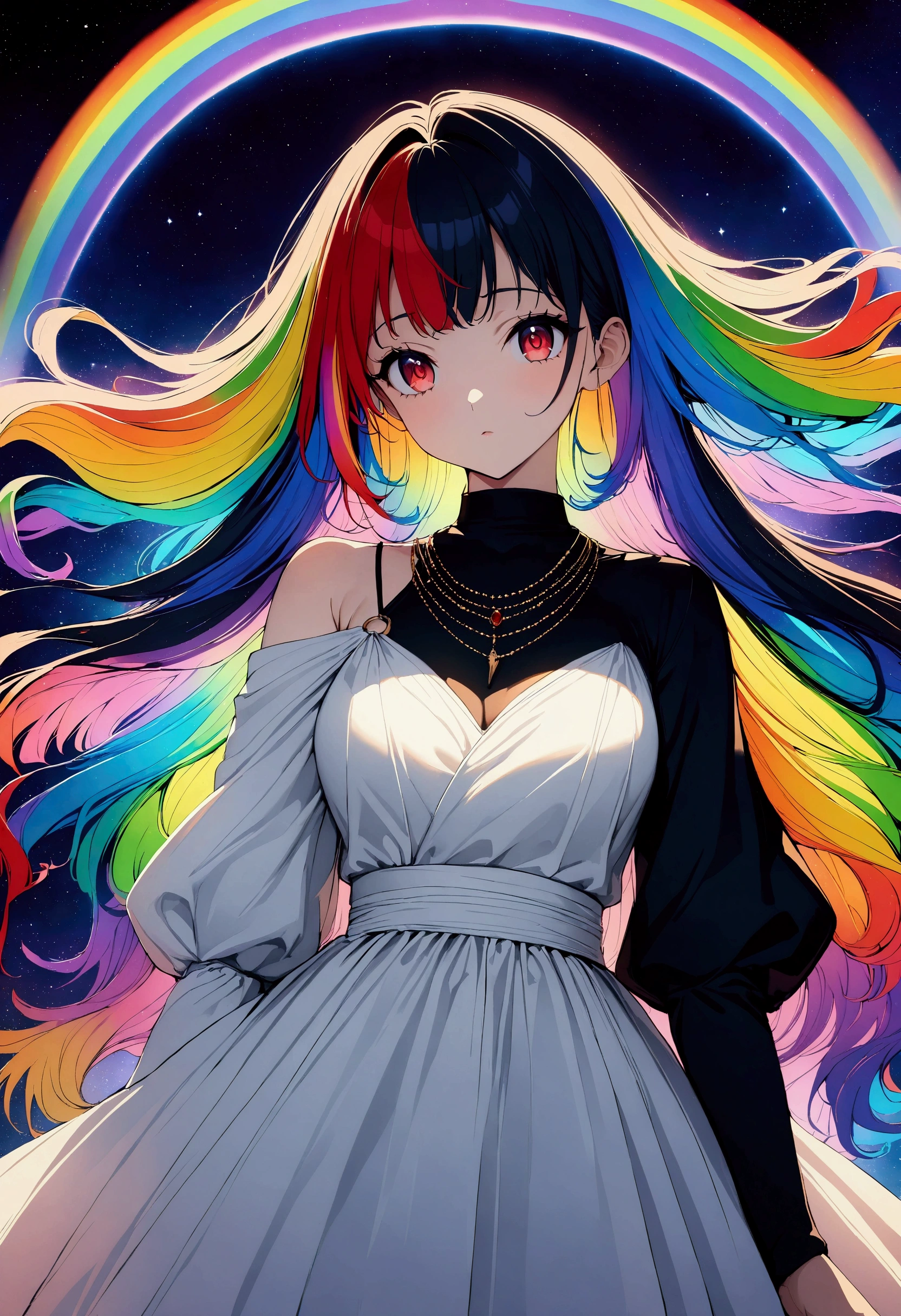 (((anime))) One Woman,Gal,Long Hair,(Rainbow Hair),Bangs parted in the center,blackのヘッドフォン,necklace,Look here,Red eyes,Big Eyes One Shoulder Dress,Volume sleeve,(black),night,Space Background,End of the Galaxy,Planetarium style,Backlight,masterpiece,Highest quality,Exquisite,8k,Absurd,Ultra-fine illustrations,(View your audience)