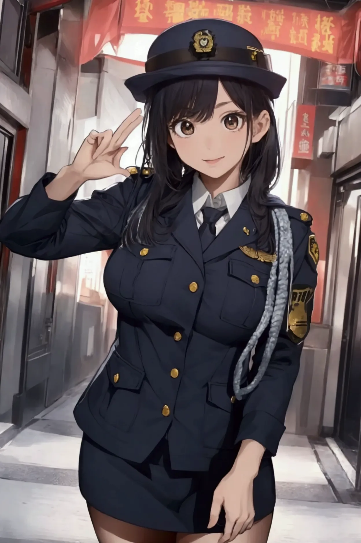 (ultra highres、ultra quality、masterpiece、8k、5 fingers、),a girl with light  hair drawn in high resolution policewoman.japannse po...