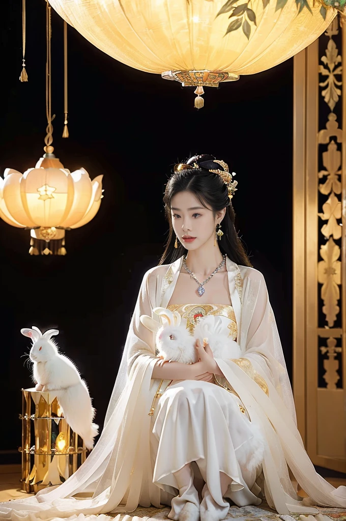 Mid-Autumn Festival Chang'e
(((best quality))),(((ultra detailed))),(((masterpiece))),illustration,((1 beautiful girl,fairy,Chang'e,独奏)),((earrings,necklace)),((slim,thin)),((small breasts,flat chest)),(magnificent white sheer Hanfu:1.3),(Slender legs:1.2),(stockings:1.3),(Holding a jade rabbit in arms:1.5),((moon,Mid-Autumn Festival)),(in luxurious crystal palace:1.3),face bright,beautiful and moving,exquisite patterns,gold and silver threads,flowing skirt,charming,hair accessory,silver hairpin,gemstones,brilliance,luxurious decorations,gold and silver jewelry,transparent windows,crystal balls,gemstone towers,bright moonlight,mysterious and beautiful,enjoy,story of Chang'e,fairyland,(indoor:1.3),(night scene:1.3),((from front,upper body))