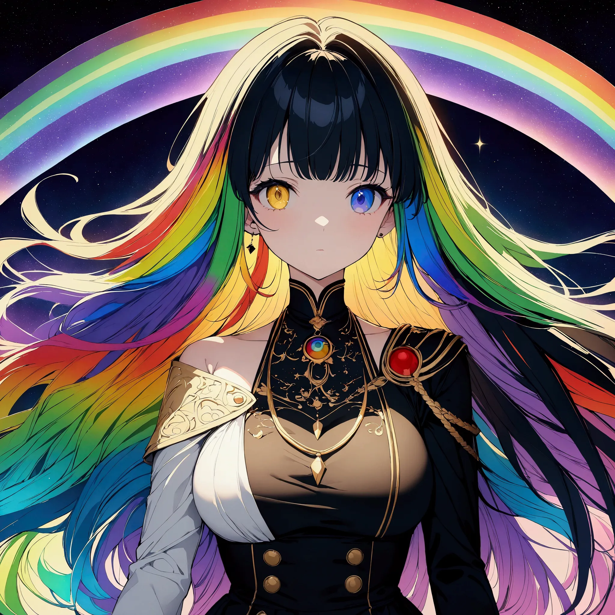 (((anime))) one woman,gal,long hair,(rainbow hair),bangs parted in the center,blackのヘッドフォン,necklace,look here,heterochromia irid...