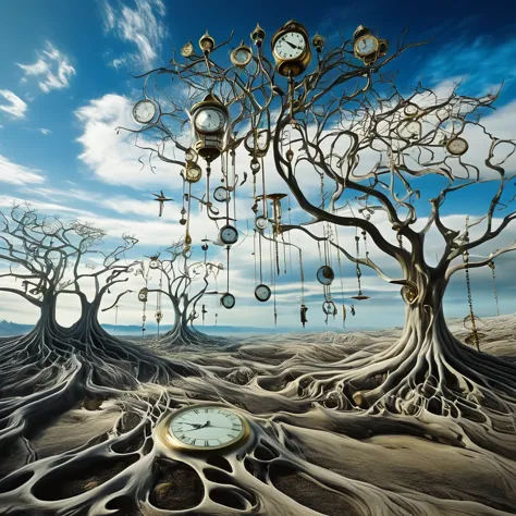 a surreal, salvador dali-inspired landscape with melting clocks draped over barren trees and floating in a vast, endless sky. th...