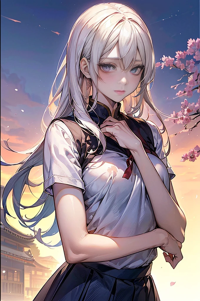 anime girl, ((soft smile:1.4)), Very long hair, ( face, virgin face, (masterpiece:1.37), (High resolution:1.3), 8k, 1 person, Very detailed, Fine skin, Pale skin, movie lights, (beautiful face, Beautiful Eyes, Lip gloss), (((Detailed anatomy))), Short bangs, (glasslike eyes:1.2), blue eyes, (Slender body), (((medium breast))), (long hair:1.2), photograph, (Focus on the upper body), 可愛い笑face, Looking at the audience, Schoolyard, (uniform), (高校の夏のuniform:1.5), white hair, Silky straight hair, 